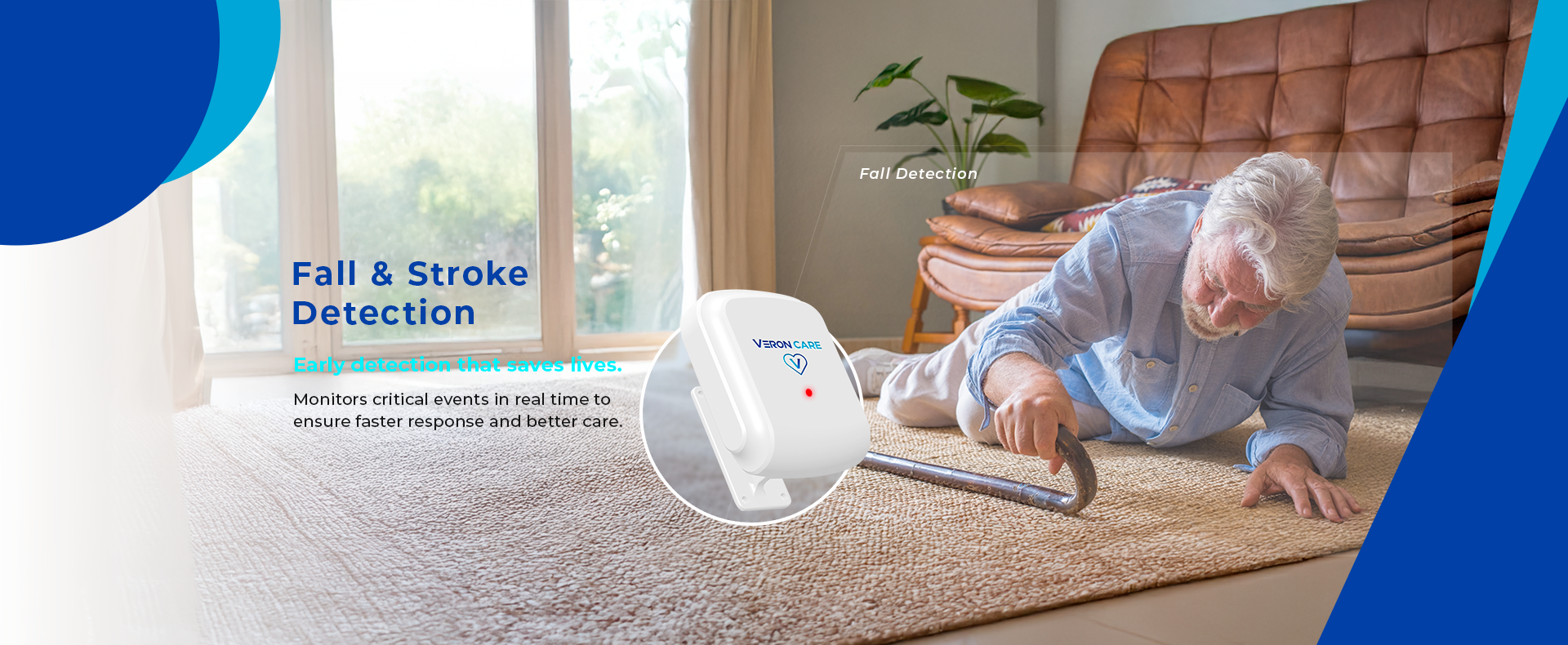 An elderly man has fallen in his living room while Veron Care’s contactless monitoring device detects the fall and triggers an alert for caregivers.