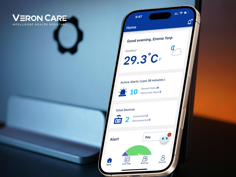 Smartphone displaying Veron Care intelligent health assistant dashboard with temperature, alerts, and connected monitoring devices