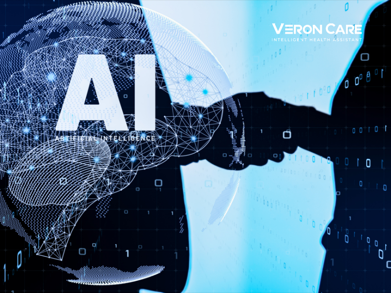 A digital illustration showing a human silhouette shaking hands with an artificial intelligence figure made of network-like lines, with a large “AI” label and the text “Veron Care – Intelligent Health Assistant” in the corner.