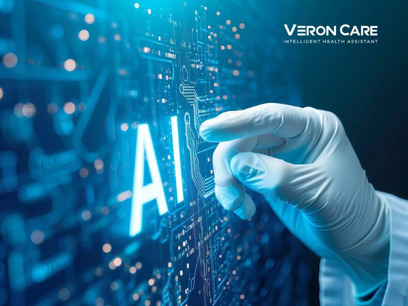 Gloved hand interacting with a digital AI interface representing intelligent healthcare technology.