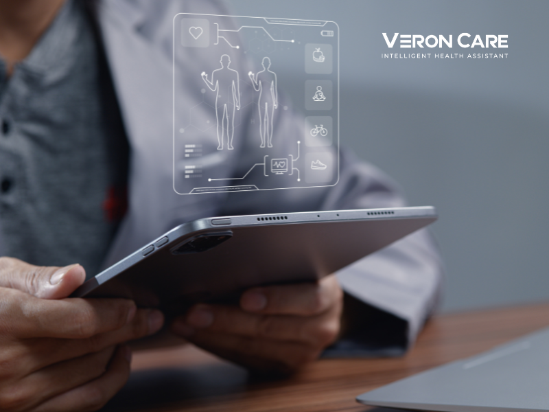 AI-powered health anomaly monitoring system analyzing senior activity and movement patterns on a digital tablet